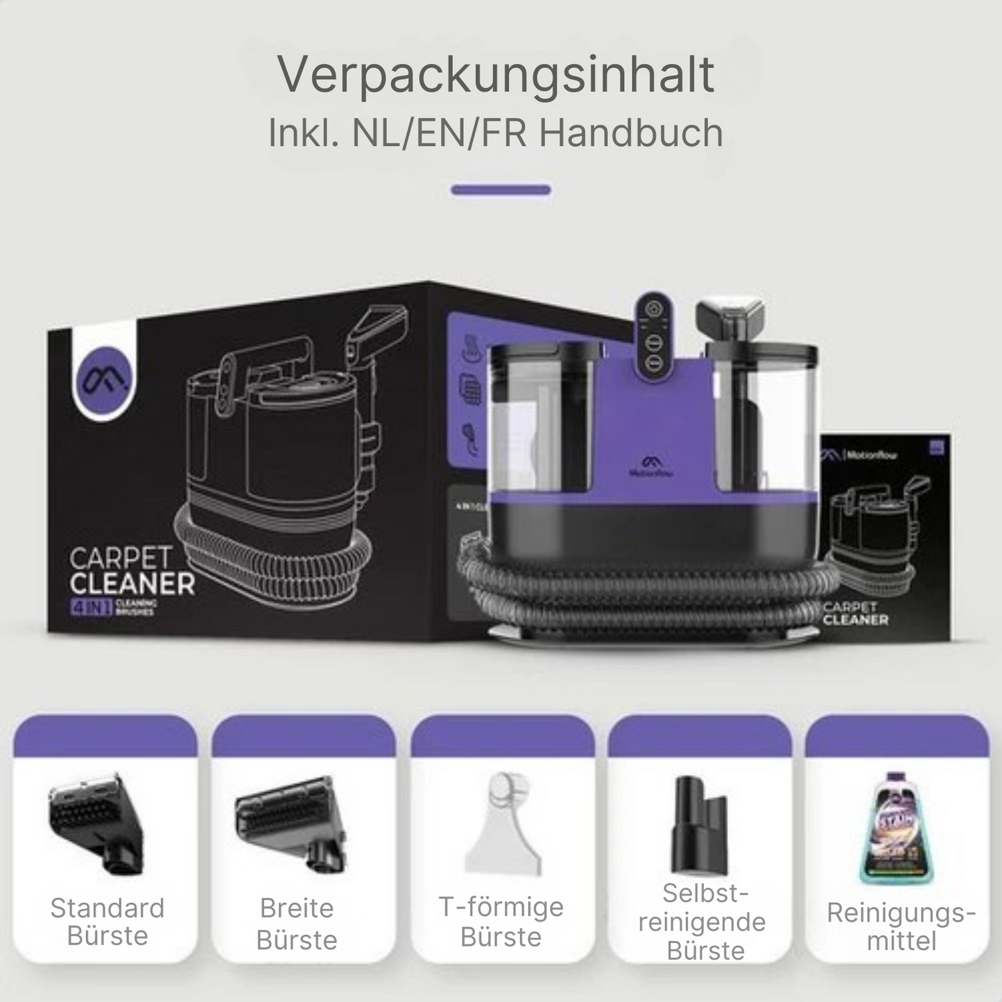 Motionflow Teppichreiniger - Turbo- & Heizfunktion - 1200 W - Schlauchlänge 1,7 Meter - inkl. Reinigungsmittel - Lila