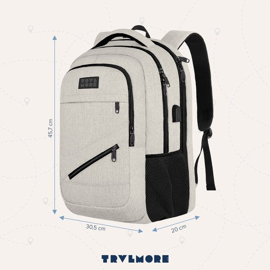 TRVLMORE Rucksack mit Lifetime - Rucksack mit 15.6 Zoll Laptopfach - Schultasche - Spritzwassergeschützt - Männer und Frauen - Jungen und Mädchen - 28L - Champagner