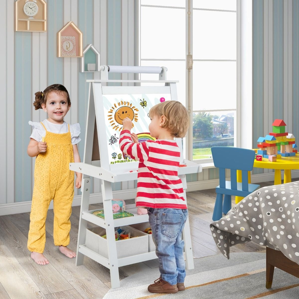 Coast 3 in 1 Kinder Staffelei - Whiteboard & Kreidetafel - inkl. Magnete 2 Ablagen - Beige - 59 x 50 x 117 cm