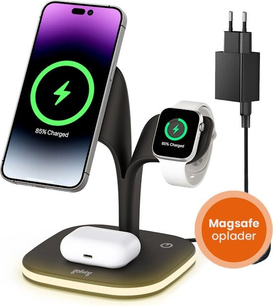 Goliving 5-in-1 kabellose Qi-Ladestation - Magsafe kabelloses Ladegerät - Geeignet für iPhone, Apple Watch & Airpods - Inklusive dimmbarem Nachtlicht und USB-Ausgang - 15W Schnellladegerät - Schwarz