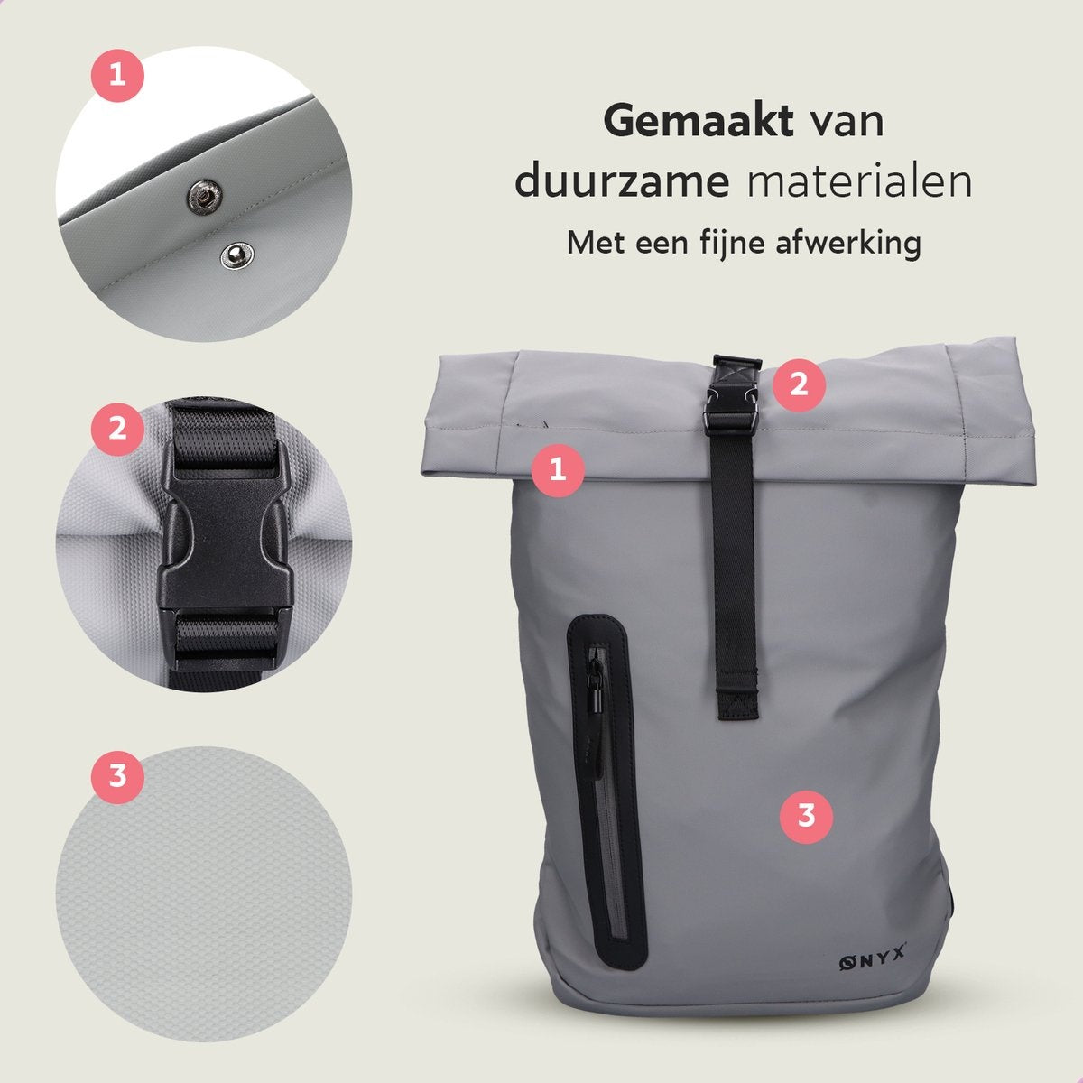ONYXÂ¬Ã† Rolltop-Rucksack 25 bis 40L - Mit Laptopfach - Verstellbarer Rucksack - Reisetasche - Wasserdicht und strapazierfähig - Grau