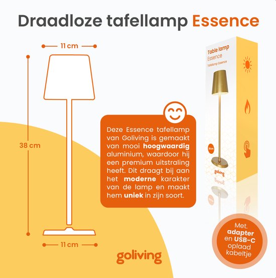 Goliving Essence Tischlampe Wiederaufladbar - 2 Stück - Kabellos und dimmbar - Moderne Touch-Lampe - Nachtlampe für das Schlafzimmer - 38 cm - Gold