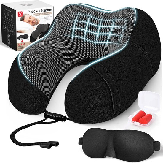 VAIVE Comfort Neck Pillow Airplane & Car - Optimale Unterstützung - Memory Foam - Reisekissen - Plus Sleep Mask & Earplugs