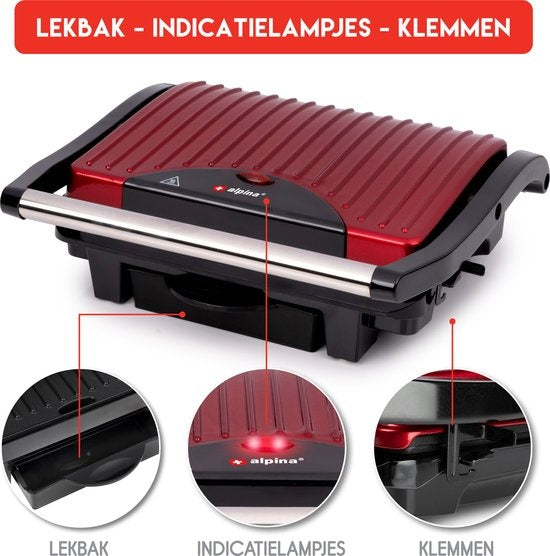 alpina Kontaktgrill - Sandwicheisen - Antihaft - 1000W - Schwarz/Rot