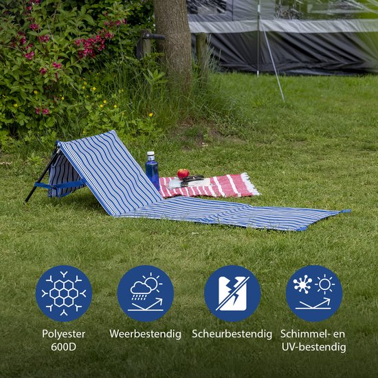 Campart Strandstuhl und Strandliege BE-0421 – Klappbare Liege und Stuhl – Strandmatte mit verstellbarer Rückenlehne – Mit abnehmbarem Kopfkissen – Blau-Weiß