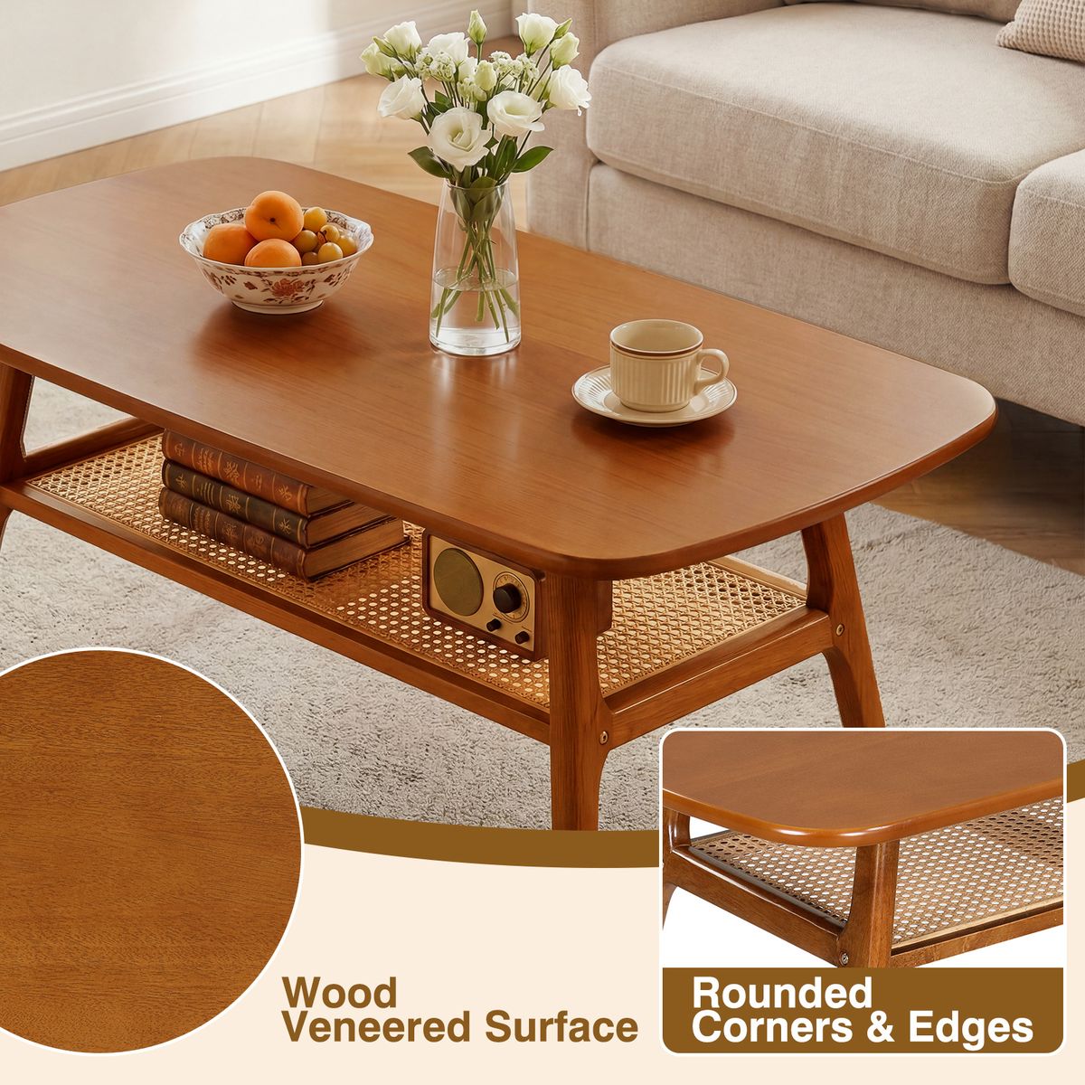 Coast Couchtisch – mit Stauraum aus Rattan – rechteckig – Nussbaum
