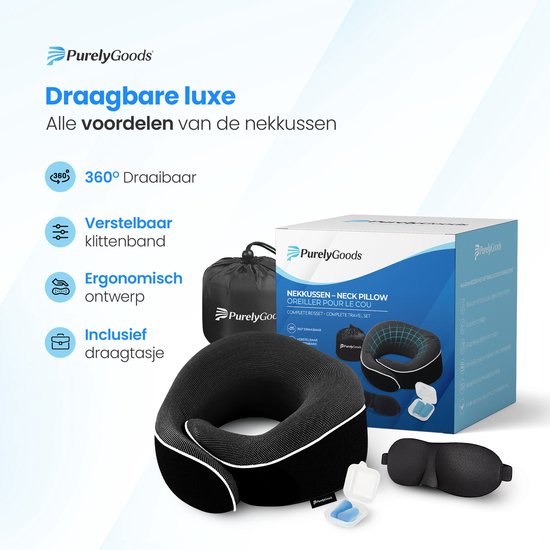 PurelyGoods® Nackenkissen - Luxuriöses Reisekissen-Set - Memory Foam - Flugzeug & Auto - Schwarz - inkl. Schlafmaske und Ohrstöpsel