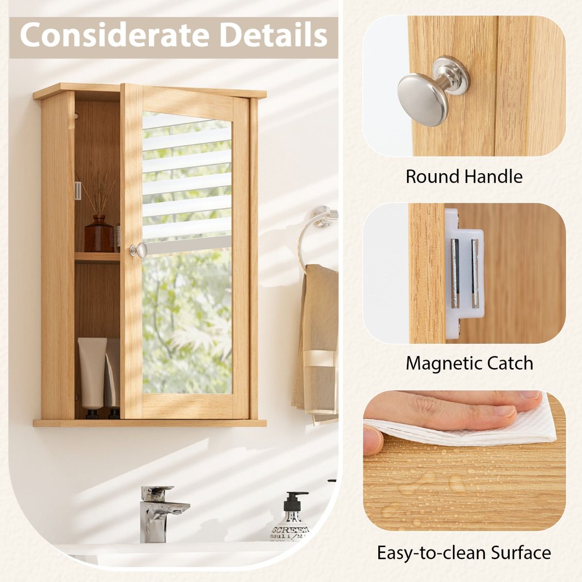 Coast Badezimmerschrank mit Spiegel – beidseitig öffnende Tür – verstellbares Regal – Natur