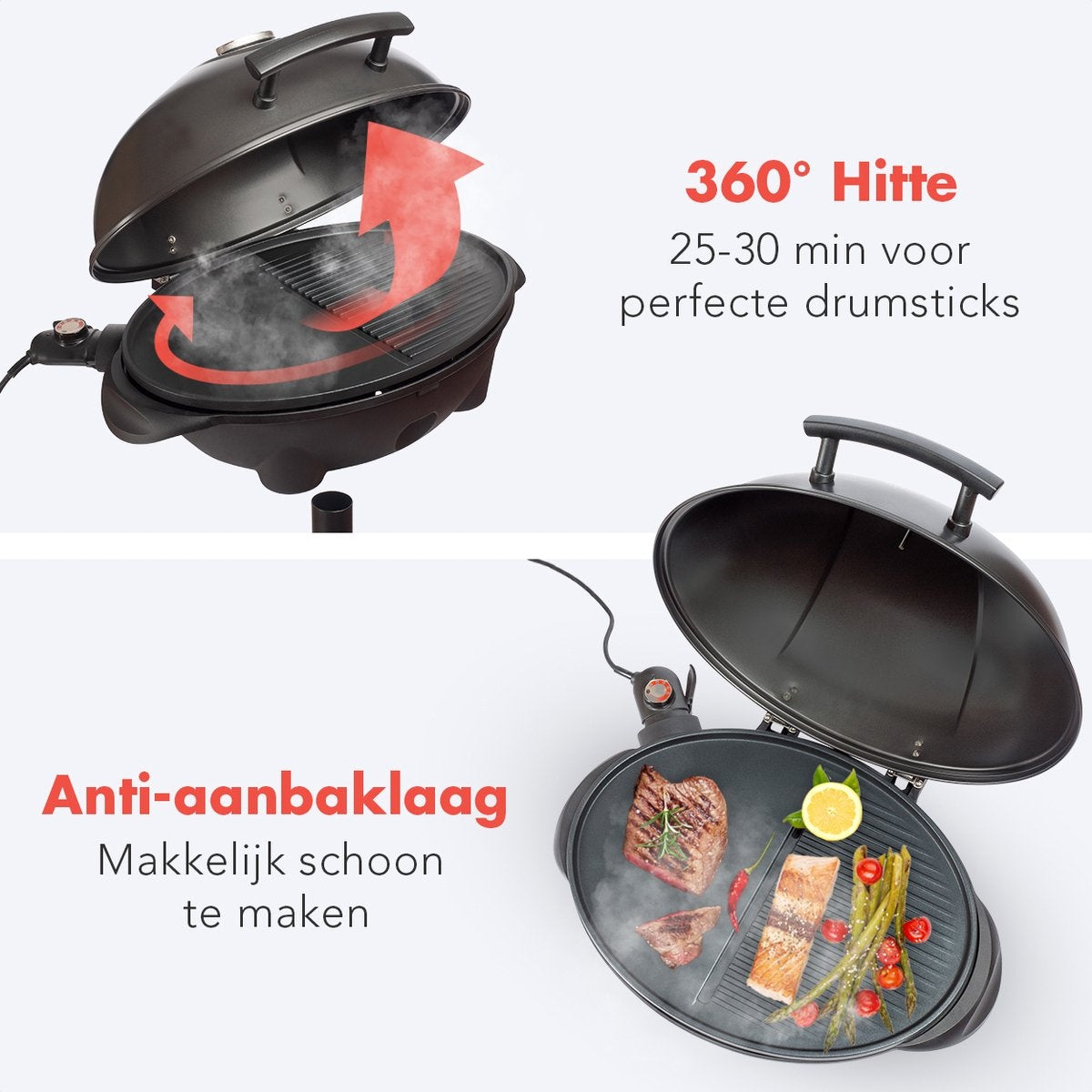 KitchenBrothers Elektrogrill - mit Grillplatte - Antihaftbeschichtung - Inkl. Ablage/Halterungen - Grillfläche 46,5x33,8cm - bis zu 300Â°C - 2400W - Schwarz
