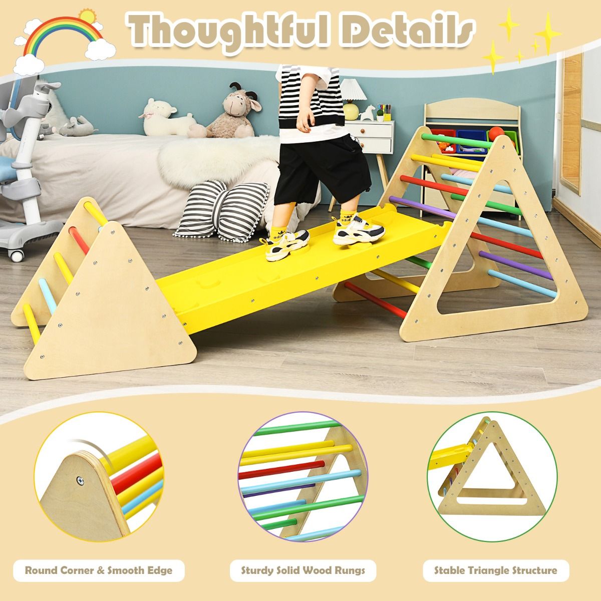 Coast 3-in-1-Kletterspielzeug-Set für Kleinkinder - Bunt - Große Dreiecksleiter 79,5x59,5x70 cm, Kleine Dreiecksleiter 59,5x51x45 cm, Kletterrampe 110x48x7,5 cm