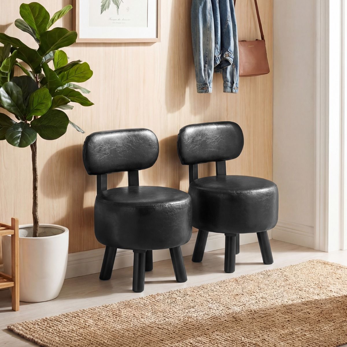 Coast Fußhocker mit Rückenlehne – gepolsterter Hocker – Kunstleder – schwarz – 2er-Set