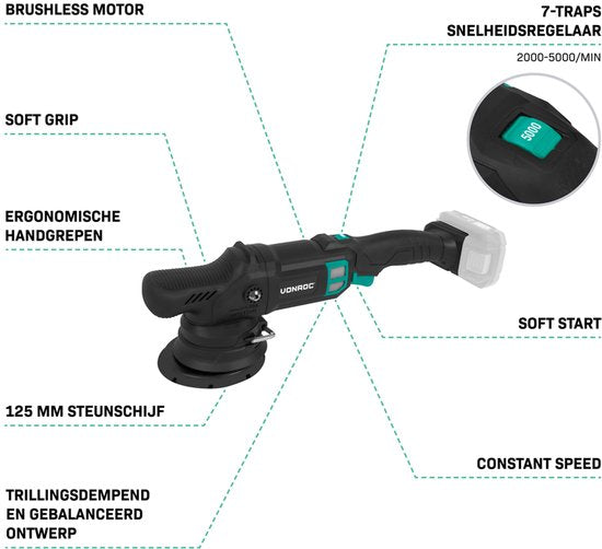 VONROC PRO Exzenterpolierer 20V - Ø 125mm - Bürstenloser Motor - 7 Geschwindigkeiten (2000-5000/min) - Soft Start - Inkl. Stützteller