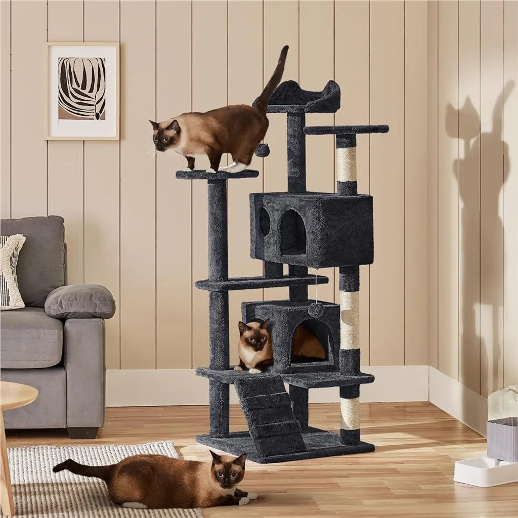 Yaheetech Katzenkratzbaum 139 cm hoch - 3 Aussichtsplattformen - 2 kuschelige Katzengehege - Schwarz