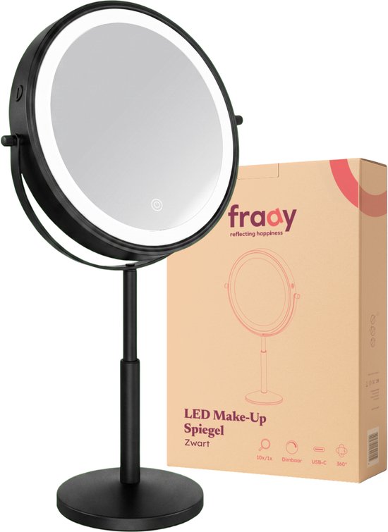 Fraay® XXL Make-up-Spiegel mit LED-Beleuchtung – 10-fache Vergrößerung – Vergrößerungsspiegel mit Licht – Wiederaufladbar – Rasierspiegel – Badezimmerspiegel – Schwarz