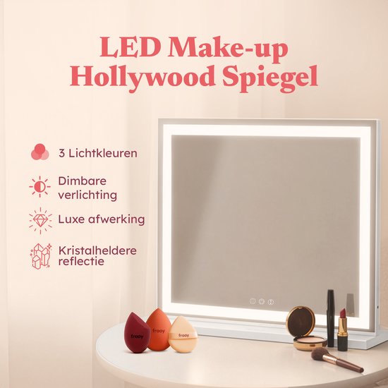 Fraay® Hollywoodspiegel mit Beleuchtung 60x50cm - 3 Lichtstufen - Schminkspiegel mit 10-facher Vergrößerung - LED-Streifenbeleuchtung dimmbar - Inkl. 2 Beauty Blenders und Puderquaste