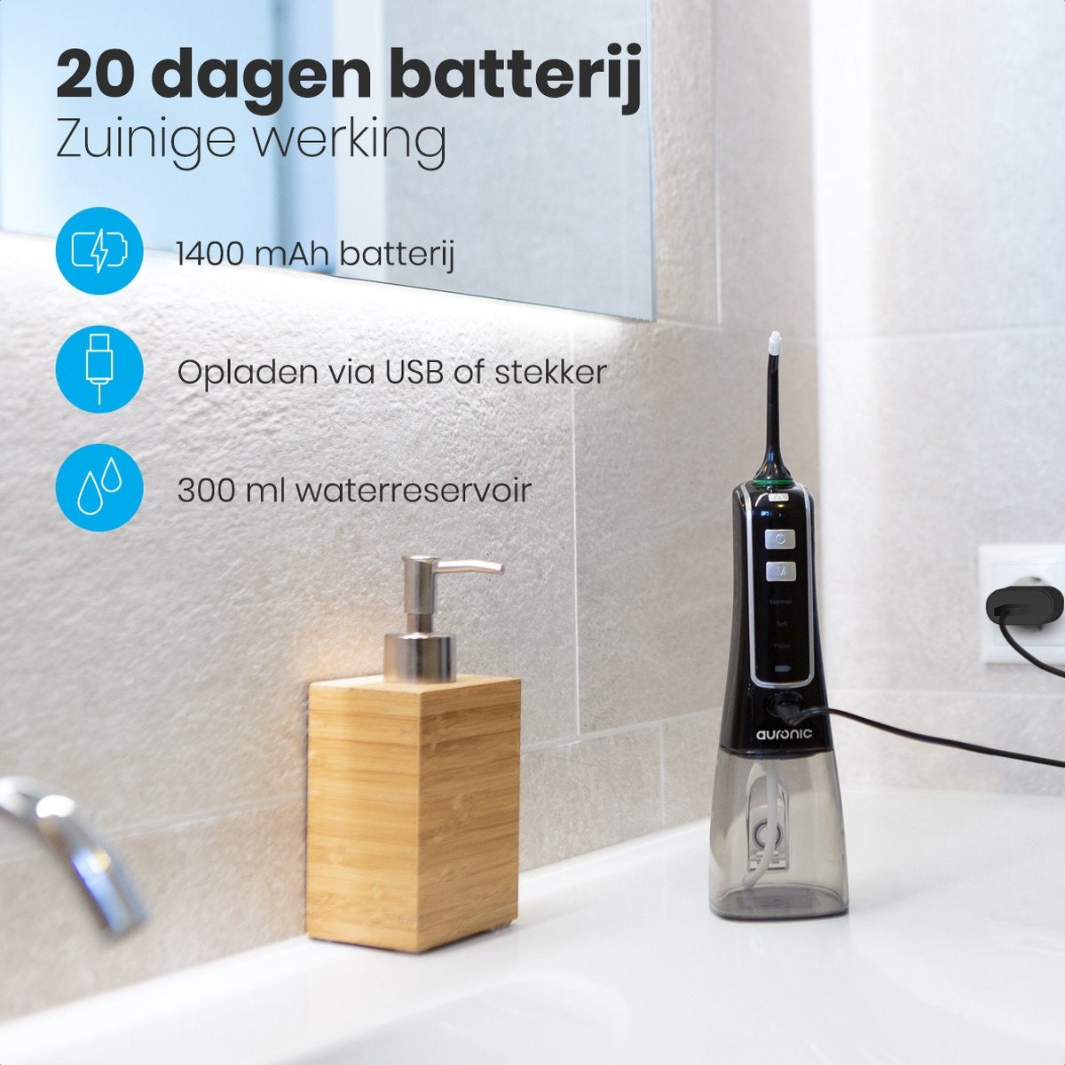 Auronic Water Flosser - Elektrisch - Munddusche Zahnzwischenräume - 3 Stufen - 4 Düsen - 300 ml - Schwarz