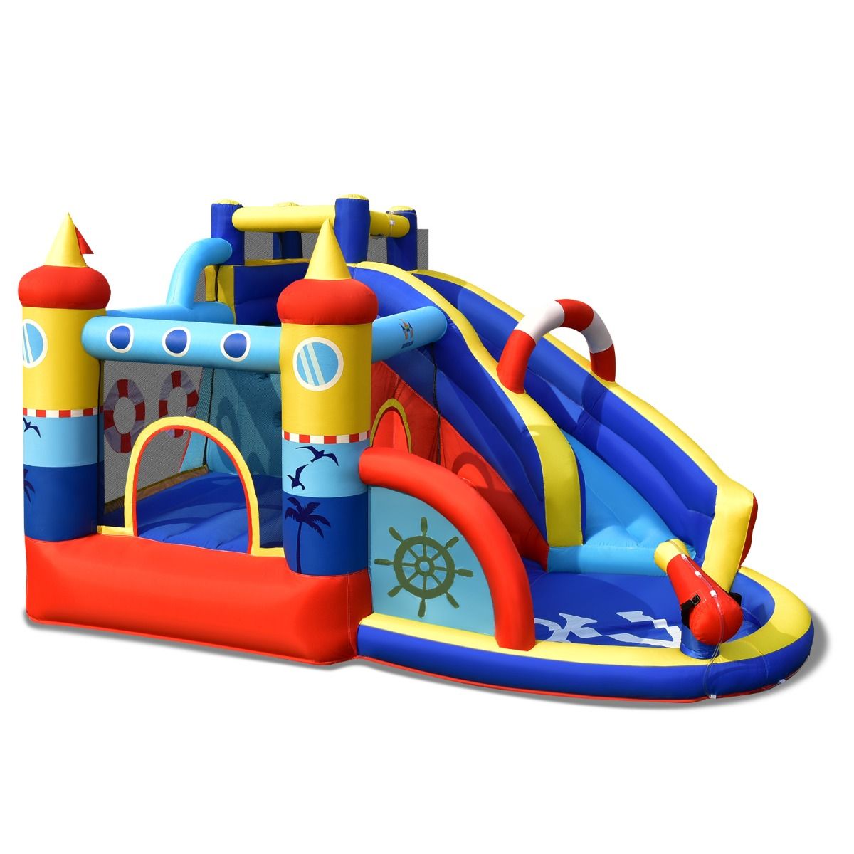 Coast Aufblasbare Spielburg „Piratenschiff“ – 5-in-1-Wasserpark mit Rutsche und Kletterwand – inklusive Wasserpistole und Ventilator – 360 x 290 x 200 cm