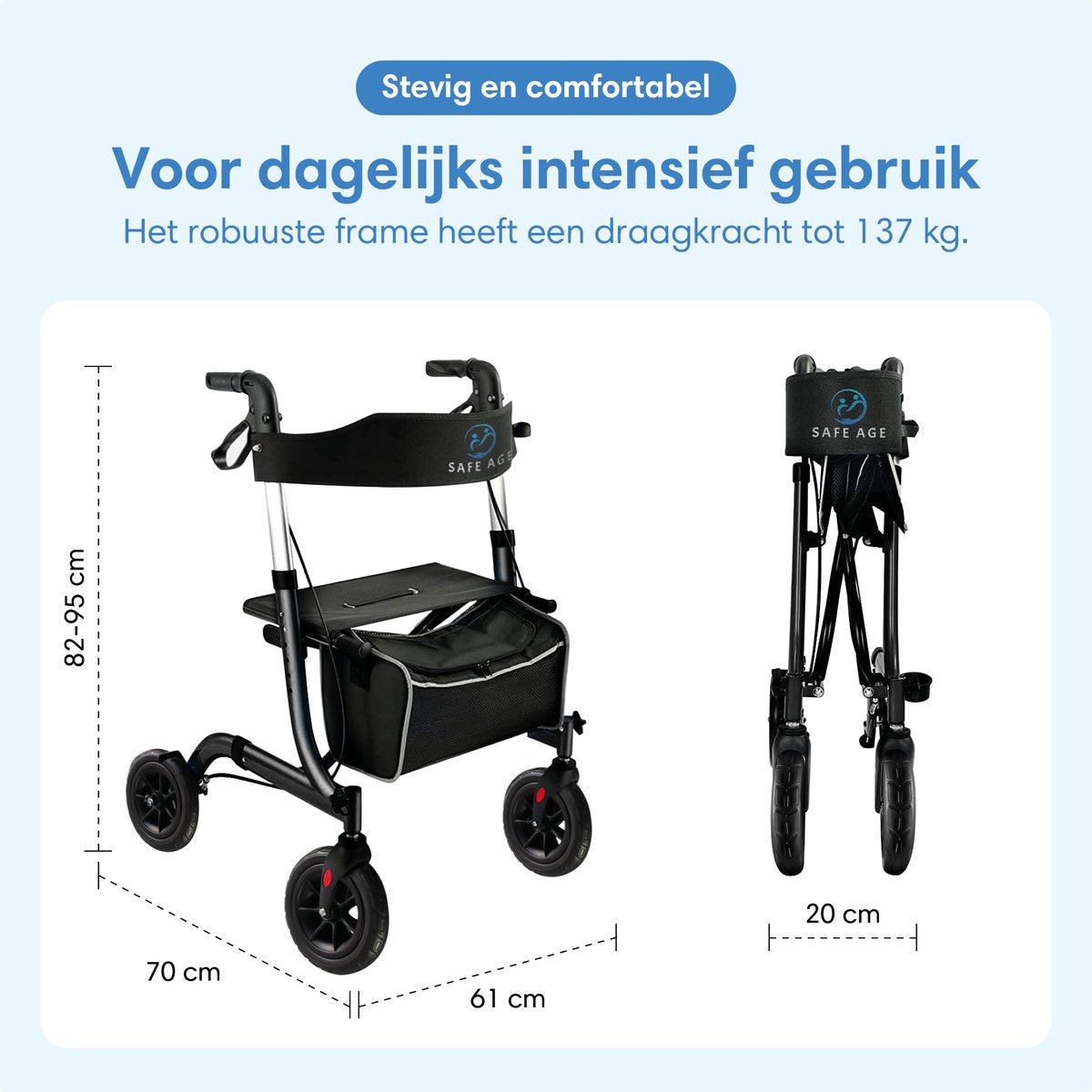 Safe Life Rollator – Zusammenklappbar – Leicht – Sitzfunktion – 61 x 70 x 85–99 cm – Gummiräder – Schwarz