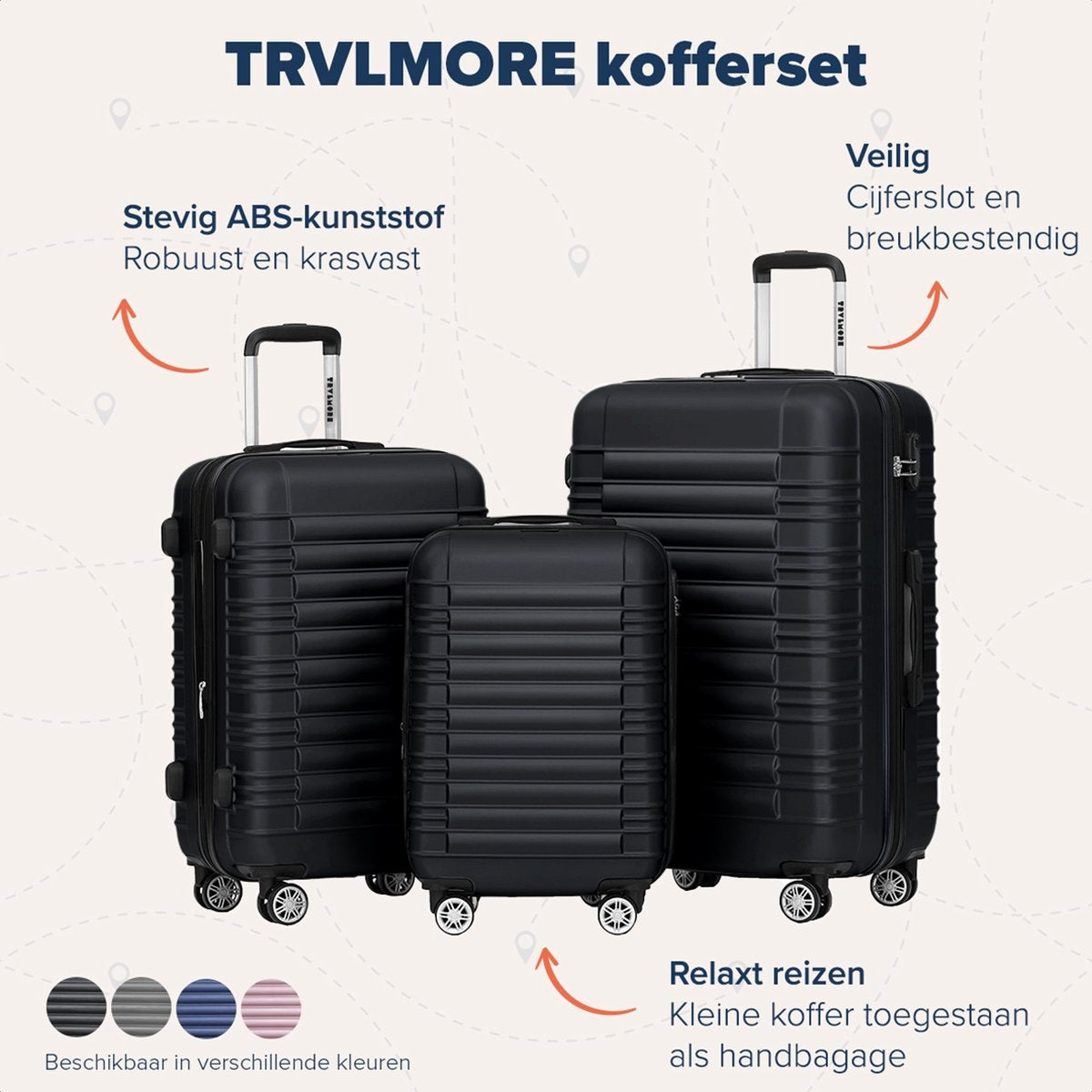 TRVLMORE - Kofferset - 3 Stück - 38L (Handgepäck) + 70L + 110L - Schwarz