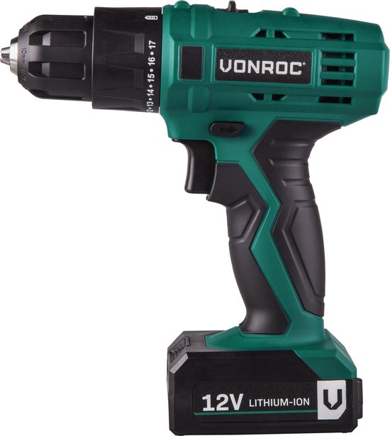 VONROC Akku-Bohrmaschine - 12V Li-Ion - Inkl. Aluminium-Koffer, 46 Zubehörteile, 2x Akku & Ladegerät