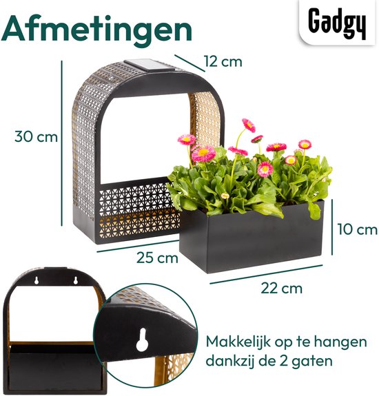 Gadgy Solar-Wandleuchte mit abnehmbarem Blumenkasten – Solarbetriebene Gartenbeleuchtung – Warmweißes LED-Licht – 30 x 25 cm – Schwarzes Metall