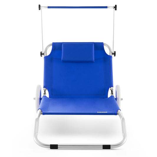 Casaria Liege Kreta – Blau – Aluminium – Zusammenklappbar mit Rollen, Sonnenschirm und Kopfkissen – 150 x 52 cm