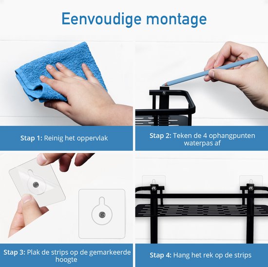 Happy Goods Duschregal - 2-lagiges Duschregal ohne Bohren - Edelstahl - Selbstklebend - Hängendes Duschregal - Badezimmerregal - Badezimmerregal - Duschregale - Schwarz