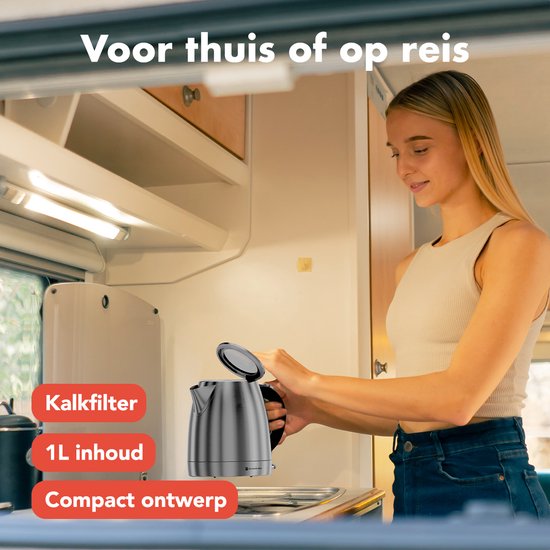 KitchenBrothers Wasserkocher - Elektrisch - 1 Liter - Kleine Campinggröße - Reise-Wasserkocher mit Kalkfilter - rostfreier Stahl