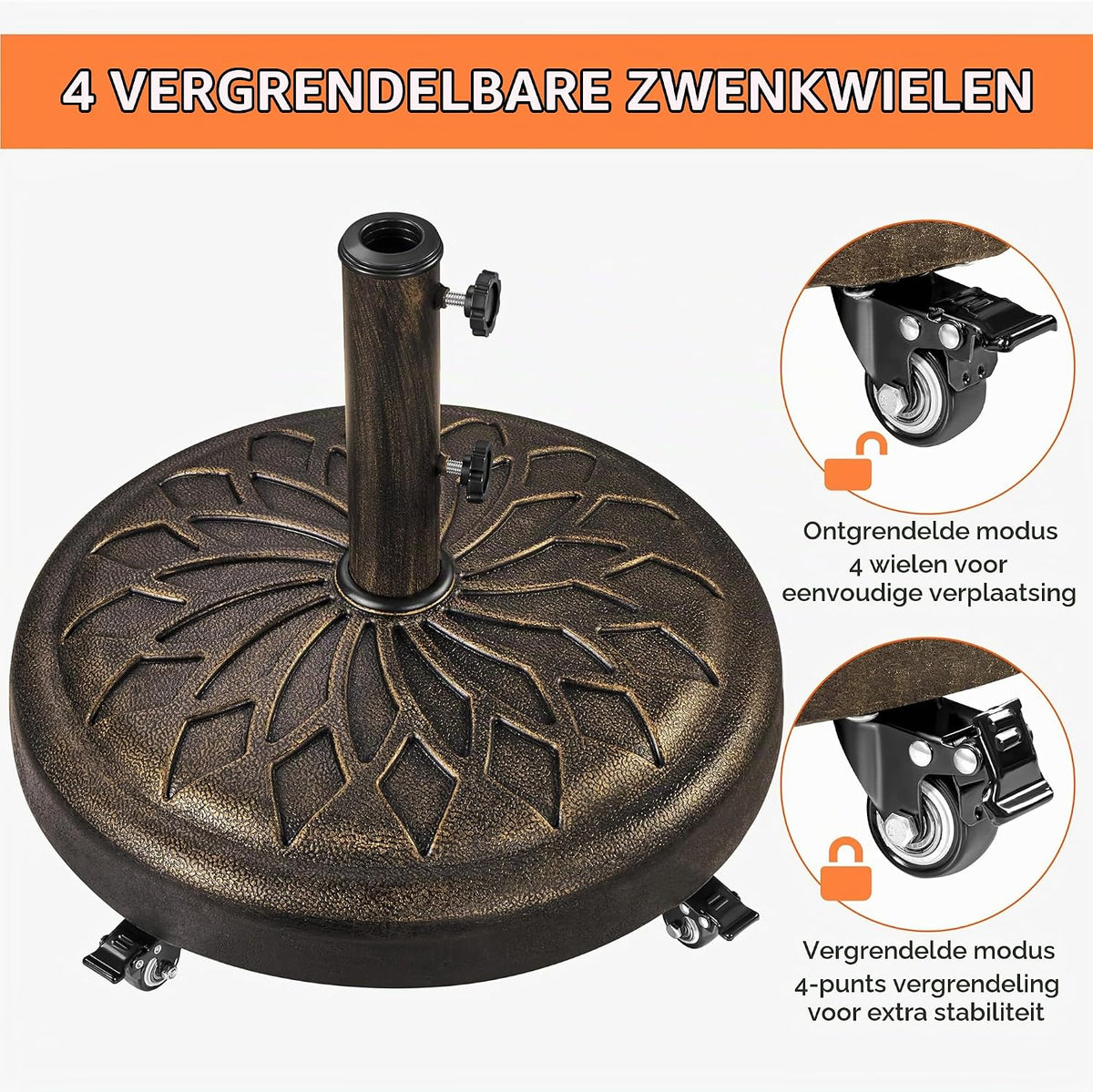 Yaheetech Sonnenschirmständer mit Rollen 50,5 x 42 cm – Bronze – Geeignet für Sonnenschirmstangen mit einem Durchmesser von 34/38/48 mm