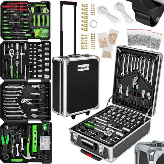 tectake Werkzeugkoffer, Werkzeugset, Werkzeugkoffer gefüllt 1200-teilig, Werkzeugwagen, 4-Ebenen-Werkzeugkoffer, Aluminiumkoffer mit Rollen und Teleskopgriff - schwarz