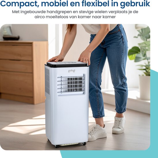 Gologi 3-in-1 Mobiles Klimagerät - Luftkühler mit Wifi und App - 9.000 BTU/h - Mit Fensterdichtungsset - Inklusive Fernbedienung - Geeignet für Schlafzimmer - Weiß