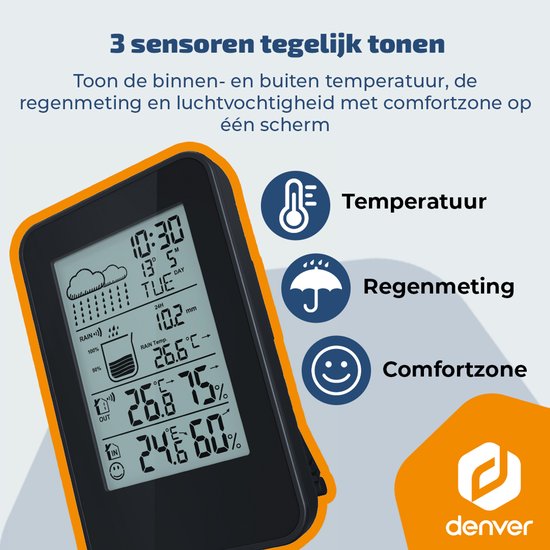 Denver Wetterstation - Innen & Außen - Hygrometer - Regenmesser - Temperatur - Wettervorhersage - Funkgesteuert - Drahtloser Außensensor - WSR560