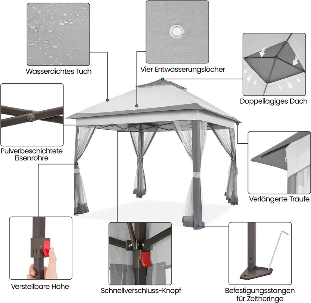 Yaheetech Pop-up-Partyzelt 330 x 330 cm – Hellgrau/Dunkelgrau – Zusammenklappbarer Gartenpavillon mit doppeltem Dach und 4 Seitenwänden aus Netzgewebe