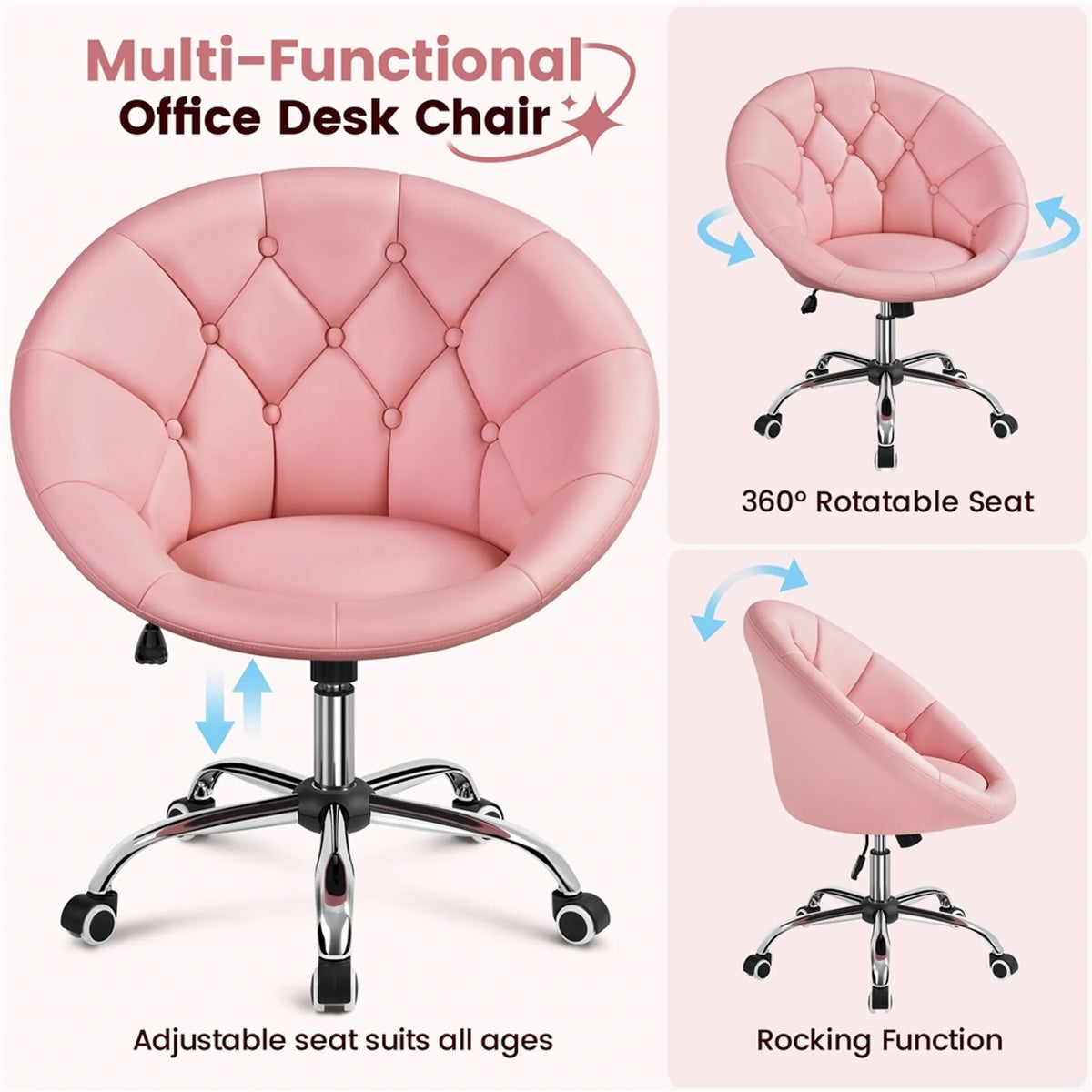 Yaheetech Bequemer Drehstuhl in Tonnenform 78–88 cm – Stimmungsvolles Rosa – Kunstleder und Metall