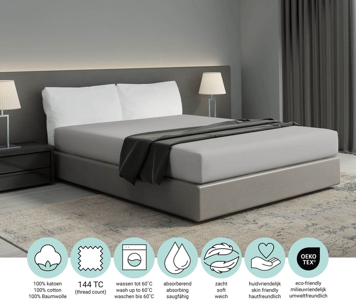 DoubleDry Spannbetttuch - 100% natürliche Baumwolle - Doppelbett 140x200 cm - weich & atmungsaktiv - rundum elastisch - Hellgrau