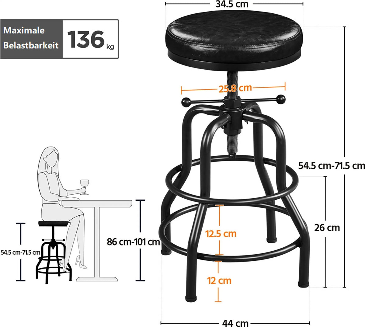 Yaheetech Vintage Barhocker – Schwarz – Höhenverstellbar 54,5–71,5 cm – Kunstleder – 136 kg – Mit Fußstütze