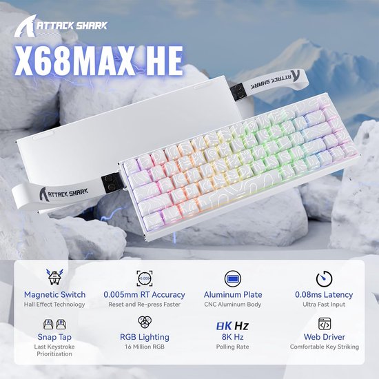 ATTACK SHARK X68MAX HE – Kabelgebundene Gaming-Tastatur mit Magnetschalter – CNC-gefrästes Aluminium – 68 Tasten – RGB – PBT-Tasten mit seitlicher Beschriftung – Dekorative Tastenkabel – 8 kHz – 0,005 mm RT – 0,08 ms – Weiße Umrandung