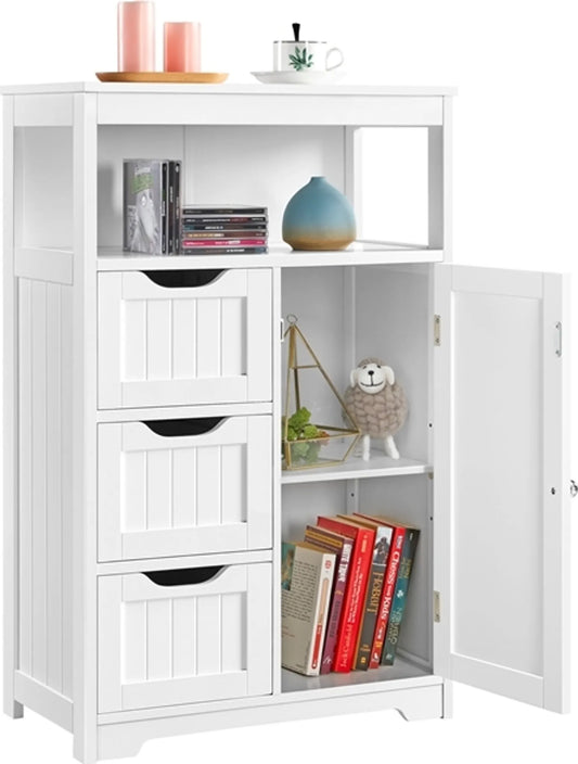 Yaheetech Badezimmerschrank Weiß - Verfügt über 3 Schubladen und Schrank mit verstellbarem Regal und offener Lagerung - Für Wohnzimmer und Schlafzimmer - Weiß Mdf und Metall - 55,5 x 29,5 x 86,5 cm