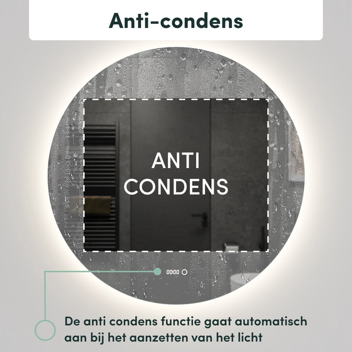 Beloura Badezimmerspiegel mit Beleuchtung - Runder Badezimmerspiegel - Heizung - Uhr - LED - 60 cm