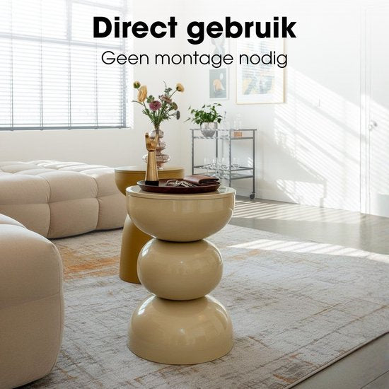 Mica Decorations Luna Beistelltisch – Runder Beistelltisch H46 x Ø32 cm – Eisen-Beistelltisch für Schlafzimmer oder Wohnzimmer – Nachttisch oder Pflanzenständer – Beige