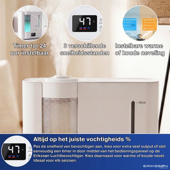 Erikssøn Luftbefeuchter Elite – 8 Liter – Geeignet für Wohnzimmer, Büro, Schlafzimmer, Babyzimmer – Luftbefeuchter – Mit Aromatherapie – Weiß