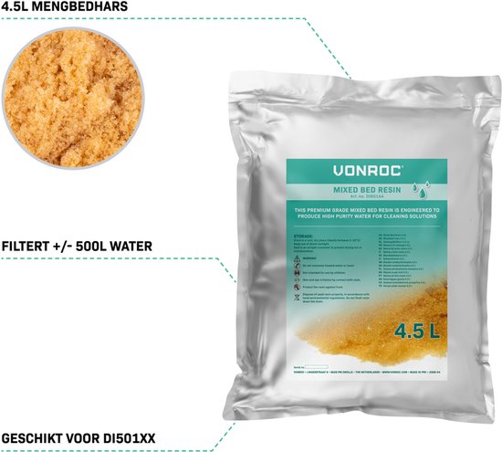 VONROC Premium-Mischbett-Harz – Nachfüllbeutel – 4,5 l – Für den VONROC DI-Reinwasserfilter DI501XX und kompatibel mit ähnlichen DI-Filtersystemen