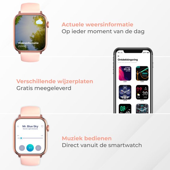 Nuvance - Smartwatch Männer & Frauen mit Bluetooth - 45mm - Geeignet für alle Smartphones - Schrittzähler und Herzfrequenzmesser - Wasserdicht - Hellrosa