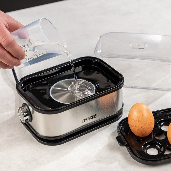 Princess Eierkocher 262046 – für 1 bis 6 Eier – 400 W – Edelstahl – Hart, weich und mittel gekocht – Timer – Inklusive Messbecher und Eierstecher