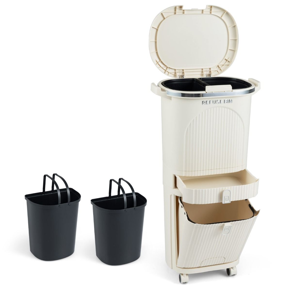 Coast Mülltrennbehälter – 3 Fächer – ausziehbare Schublade – Fußpedal – beige – 42 Liter