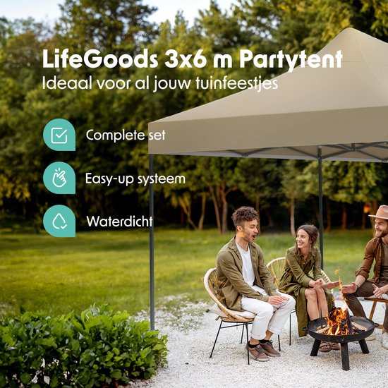 LifeGoods - Partyzelt - Faltbar - Einfacher Aufbau - Wasserdicht - Tragetasche mit Rädern - 3x6 m - Beige