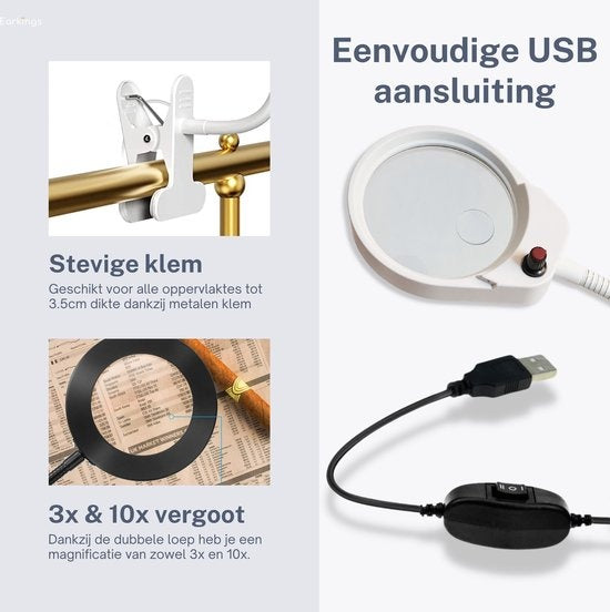 Lupe - Lupe mit LED-Licht - Für Kinder/Erwachsene/Senioren/Lesen/Zeichnen/Hobby mit Tischklemme - Lupe mit Beleuchtung Earkings White