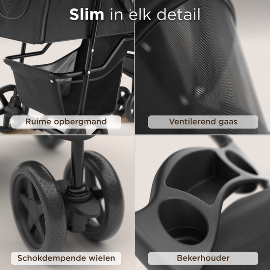 TrevoPet® Zusammenklappbarer Hundebuggy - für kleine und mittelgroße Hunde bis 15 kg - wasserabweisend mit Becherhalterung, Aufbewahrungskorb - Schwarz