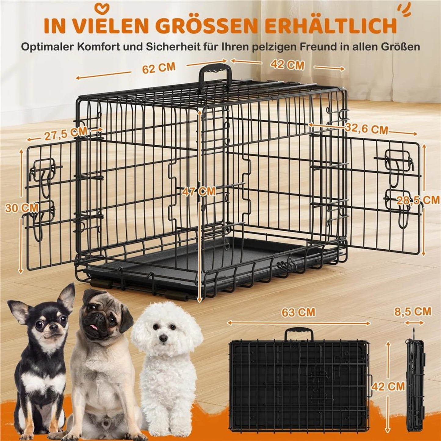 Yaheetech faltbare Hundebank mit Trennwand - mit zwei Türen und abnehmbarer Bodenplatte und Sicherheitsschloss - für Training und Reisen - schwarzes pulverbeschichtetes Metall - 61,5 x 41,5 x 47 cm