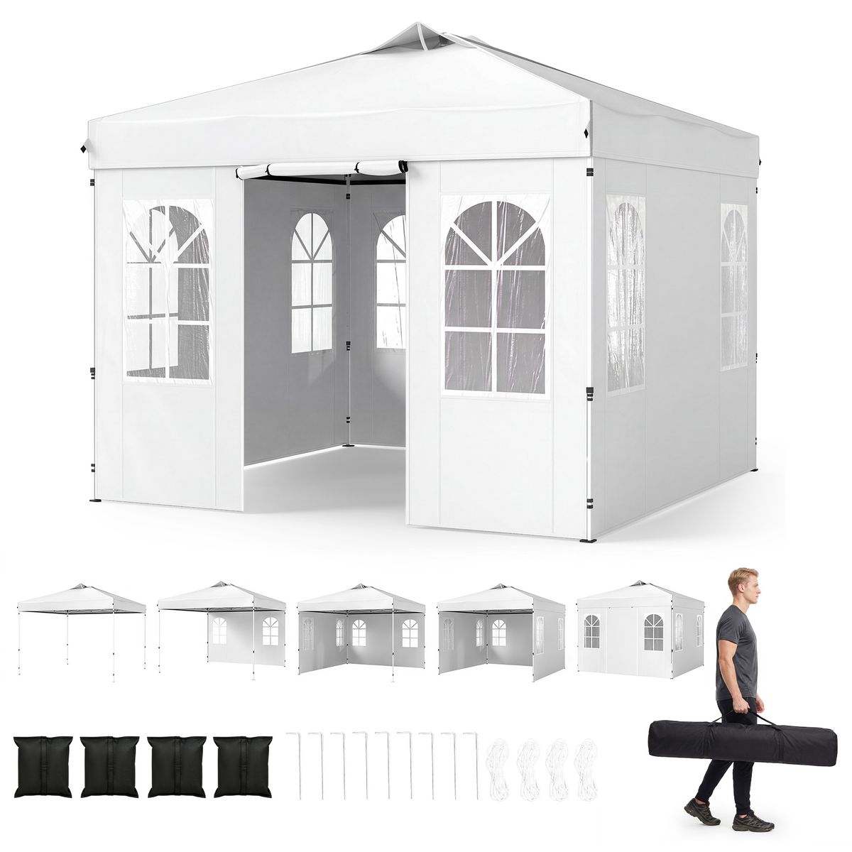 Coast Pop-up-Gartenpavillon – höhenverstellbar – mit 4 abnehmbaren Seitenwänden – weiß, 3 x 3 Meter
